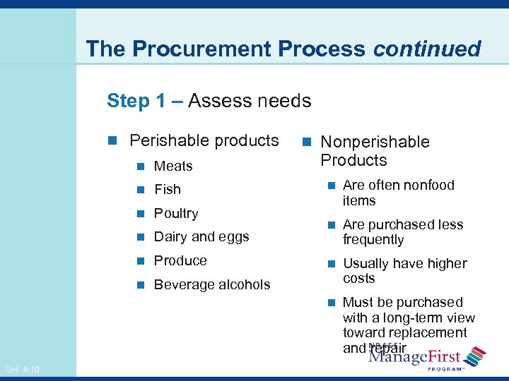 The Procurement Process continued Step 1 – Assess needs n Perishable products n Meats