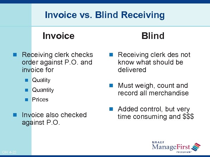 Invoice vs. Blind Receiving Invoice n Receiving clerk checks order against P. O. and