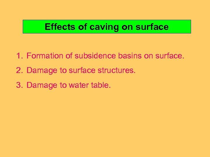 Effects of caving on surface 1. Formation of subsidence basins on surface. 2. Damage