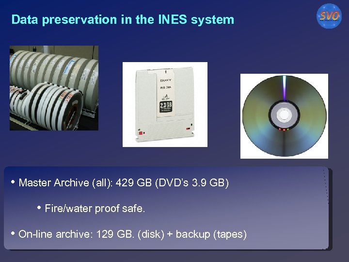 Data preservation in the INES system • Master Archive (all): 429 GB (DVD’s 3.