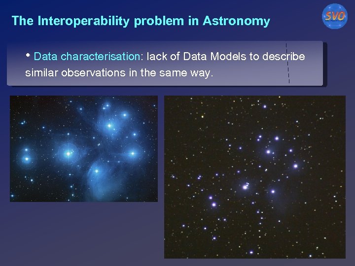 The Interoperability problem in Astronomy • Data characterisation: lack of Data Models to describe