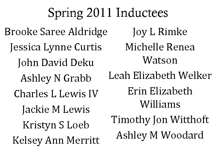 Spring 2011 Inductees Brooke Saree Aldridge Joy L Rimke Jessica Lynne Curtis Michelle Renea