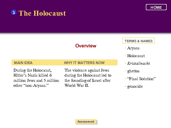 3 HOME The Holocaust TERMS & NAMES Overview • Aryans • Holocaust MAIN IDEA