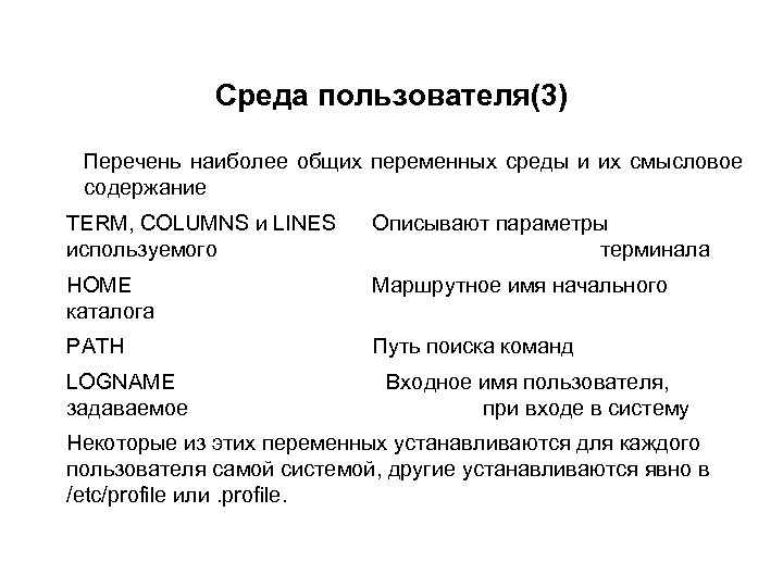 Среда пользователя(3) Перечень наиболее общих переменных среды и их смысловое содержание TERM, COLUMNS и