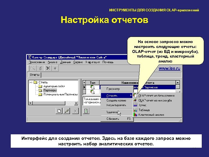 ИНСТРУМЕНТЫ ДЛЯ СОЗДАНИЯ OLAP-приложений Настройка отчетов На основе запросов можно настроить следующие отчеты: OLAP-отчет