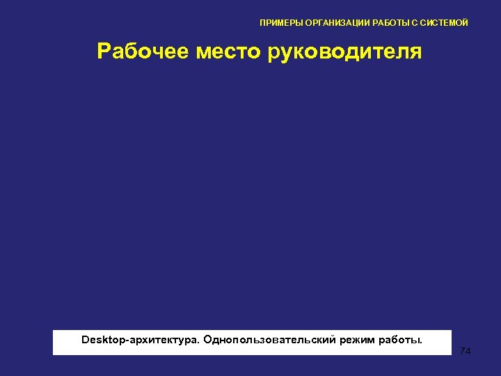ПРИМЕРЫ ОРГАНИЗАЦИИ РАБОТЫ С СИСТЕМОЙ Рабочее место руководителя Desktop-архитектура. Однопользовательский режим работы. 74 