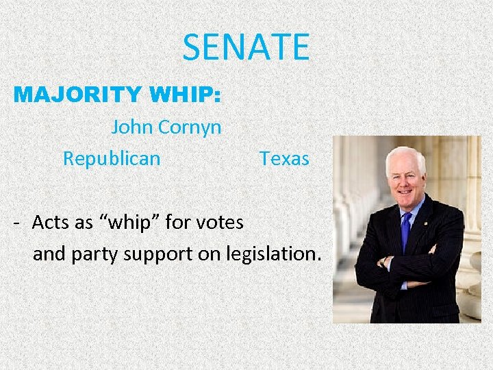 SENATE MAJORITY WHIP: John Cornyn Republican Texas - Acts as “whip” for votes and