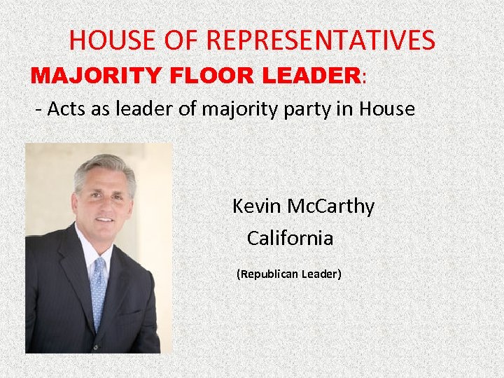HOUSE OF REPRESENTATIVES MAJORITY FLOOR LEADER: - Acts as leader of majority party in