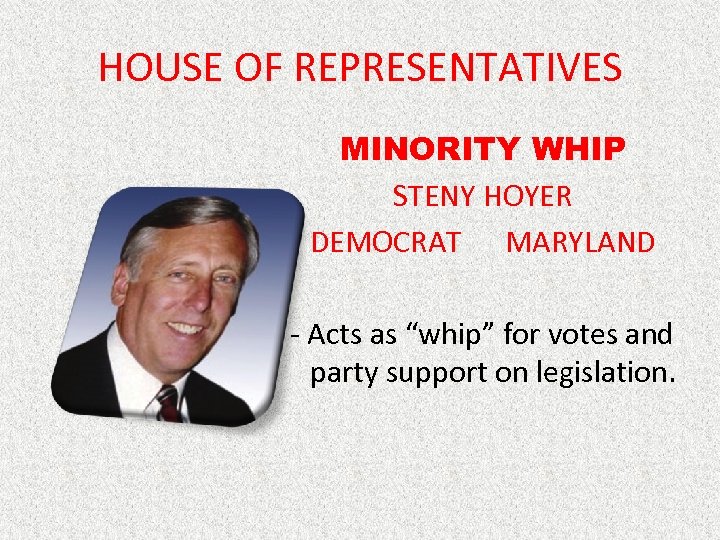 HOUSE OF REPRESENTATIVES MINORITY WHIP STENY HOYER DEMOCRAT MARYLAND - Acts as “whip” for
