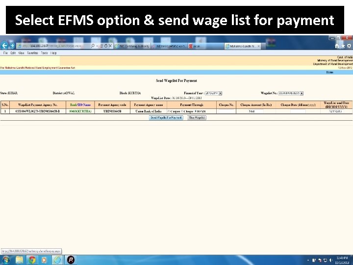 Select EFMS option & send wage list for payment 