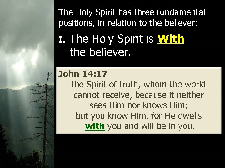 The Holy Spirit has three fundamental positions, in relation to the believer: I. The