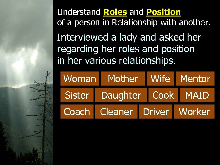Understand Roles and Position of a person in Relationship with another. Interviewed a lady