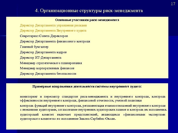 17 4. Организационные структуры риск менеджмента Основные участники риск-менеджмента n Директор Департамента управления рисками