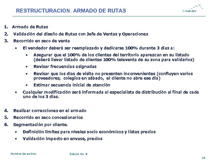 RESTRUCTURACION. ARMADO DE RUTAS 1. Armado de Rutas 2. Validación del diseño de Rutas