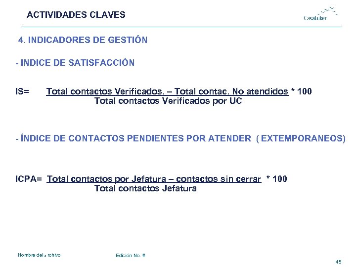 ACTIVIDADES CLAVES # 4. INDICADORES DE GESTIÓN - INDICE DE SATISFACCIÓN IS= Total contactos