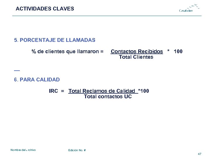 ACTIVIDADES CLAVES # 5. PORCENTAJE DE LLAMADAS % de clientes que llamaron = Contactos