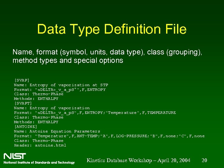 Data Type Definition File Name, format (symbol, units, data type), class (grouping), method types