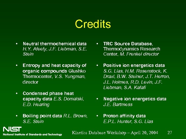 Credits • Neutral thermochemical data H. Y. Afeefy, J. F. Liebman, S. E. Stein