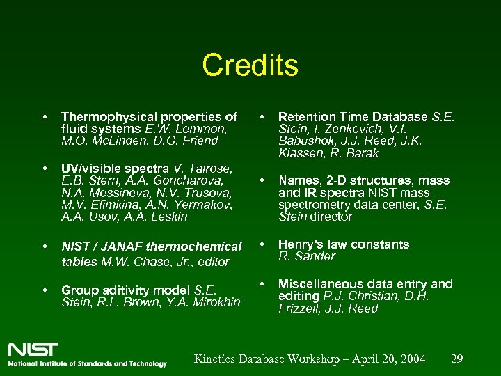 Credits • Thermophysical properties of fluid systems E. W. Lemmon, M. O. Mc. Linden,