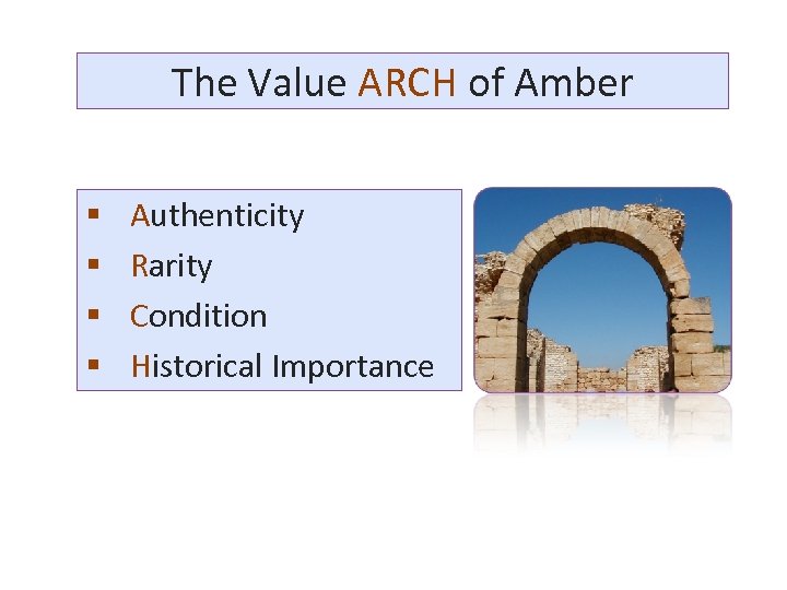 The Value ARCH of Amber § § Authenticity Rarity Condition Historical Importance 
