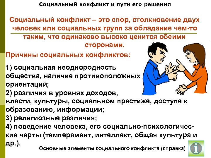 Социальный конфликт и пути его решения Социальный конфликт – это спор, столкновение двух человек