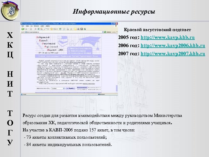 Информационные ресурсы Краевой августовский педсовет Х К Ц 2005 год: http: //www. kavp. khb.