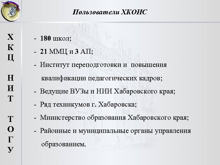 Пользователи ХКОИС Х К Ц - 180 школ; Н И Т квалификации педагогических кадров;