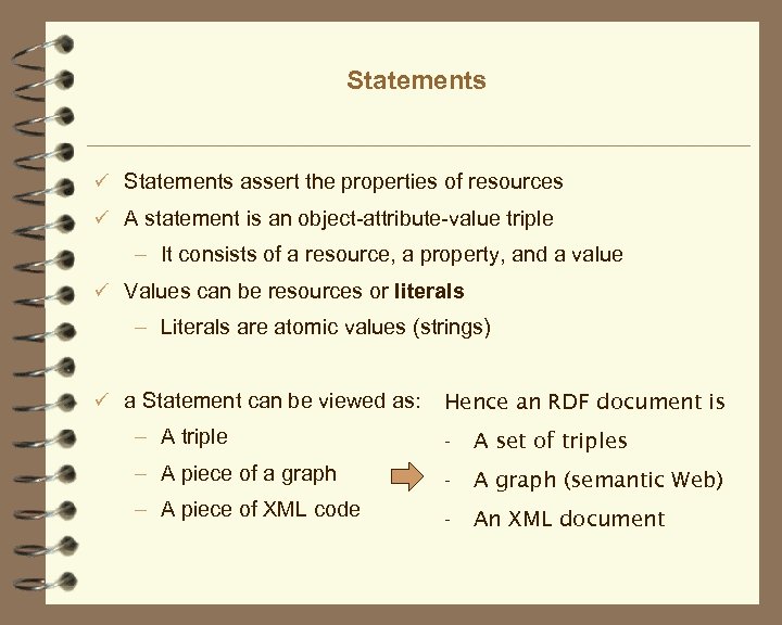 Statements ü Statements assert the properties of resources ü A statement is an object-attribute-value