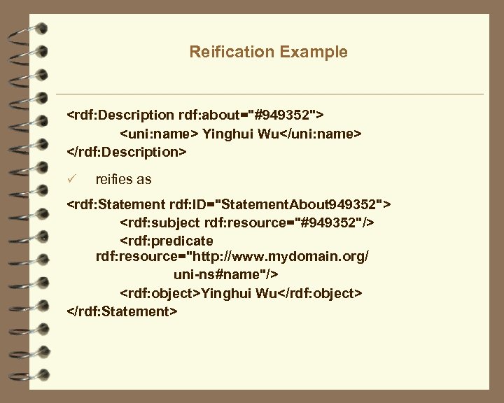 Reification Example <rdf: Description rdf: about="#949352"> <uni: name> Yinghui Wu</uni: name> </rdf: Description> ü