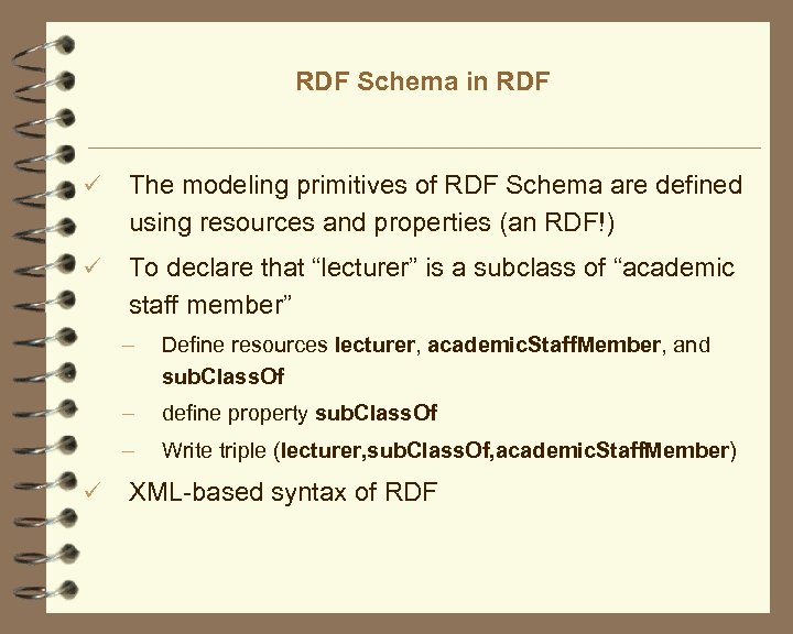 RDF Schema in RDF ü The modeling primitives of RDF Schema are defined using