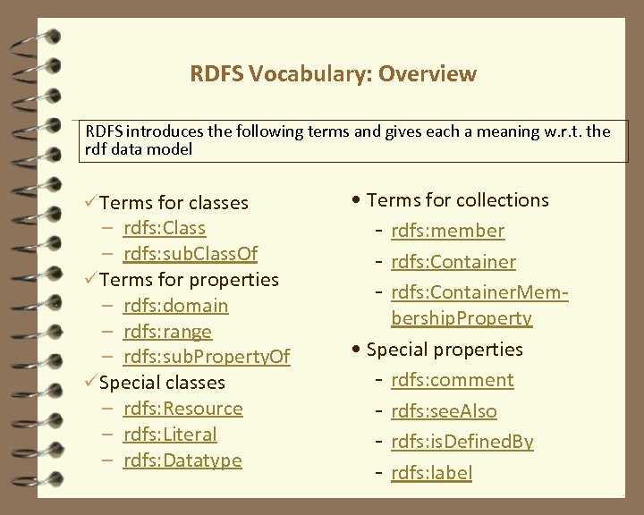 RDFS Vocabulary: Overview RDFS introduces the following terms and gives each a meaning w.