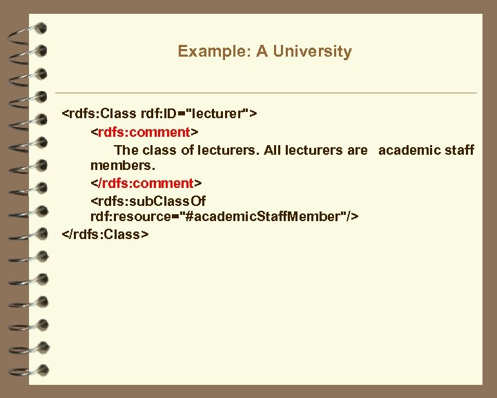 Example: A University <rdfs: Class rdf: ID="lecturer"> <rdfs: comment> The class of lecturers. All