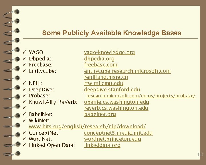 Some Publicly Available Knowledge Bases ü ü YAGO: Dbpedia: Freebase: Entitycube: ü ü ü