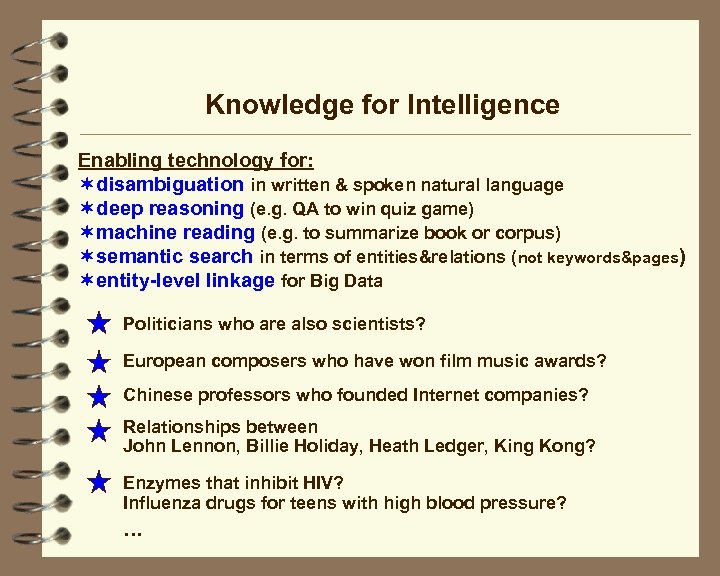  Knowledge for Intelligence Enabling technology for: disambiguation in written & spoken natural language