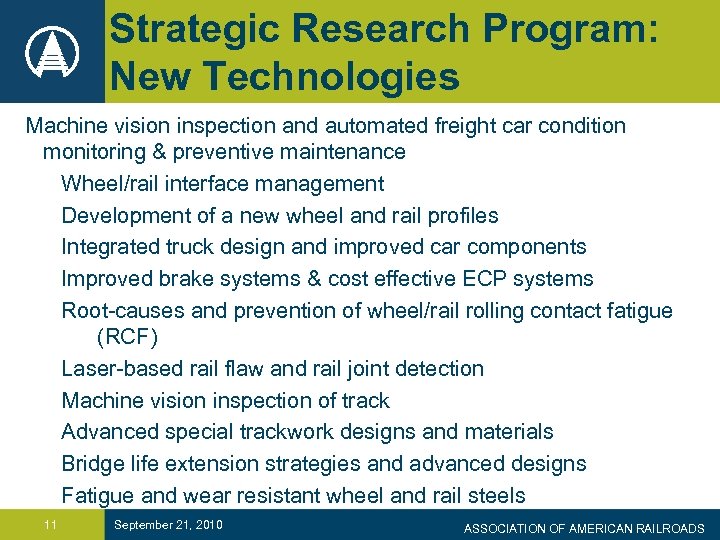 Strategic Research Program: New Technologies Machine vision inspection and automated freight car condition monitoring