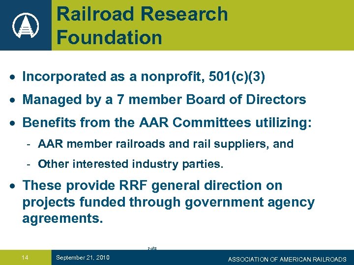 Railroad Research Foundation · Incorporated as a nonprofit, 501(c)(3) · Managed by a 7