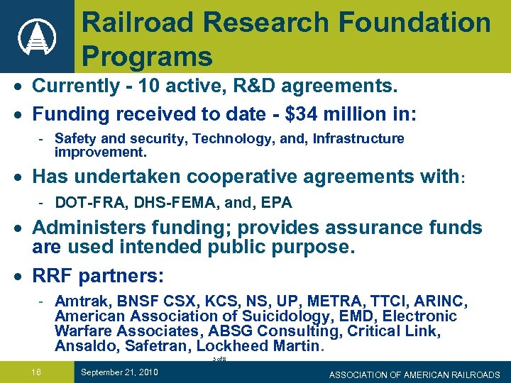 Railroad Research Foundation Programs · Currently - 10 active, R&D agreements. · Funding received