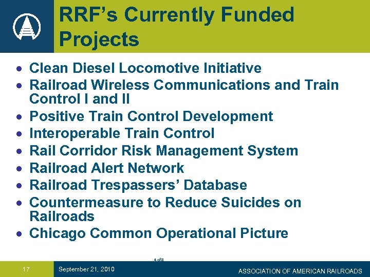 RRF’s Currently Funded Projects · Clean Diesel Locomotive Initiative · Railroad Wireless Communications and