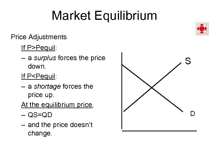 Market Equilibrium Price Adjustments If P>Pequil: – a surplus forces the price down. If