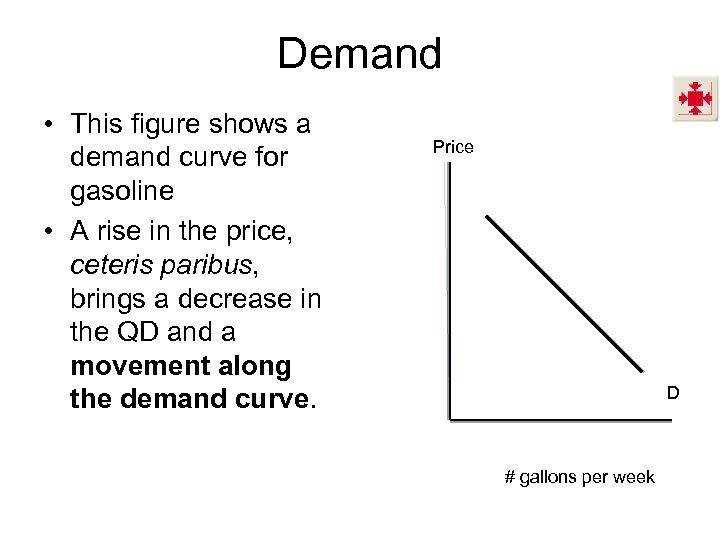 Demand • This figure shows a demand curve for gasoline • A rise in