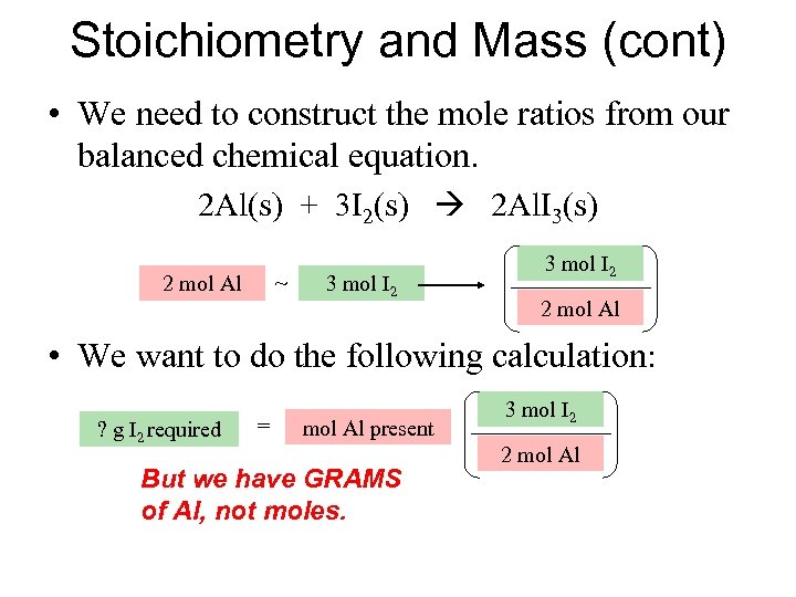 Stoichiometry and Mass (cont) • We need to construct the mole ratios from our