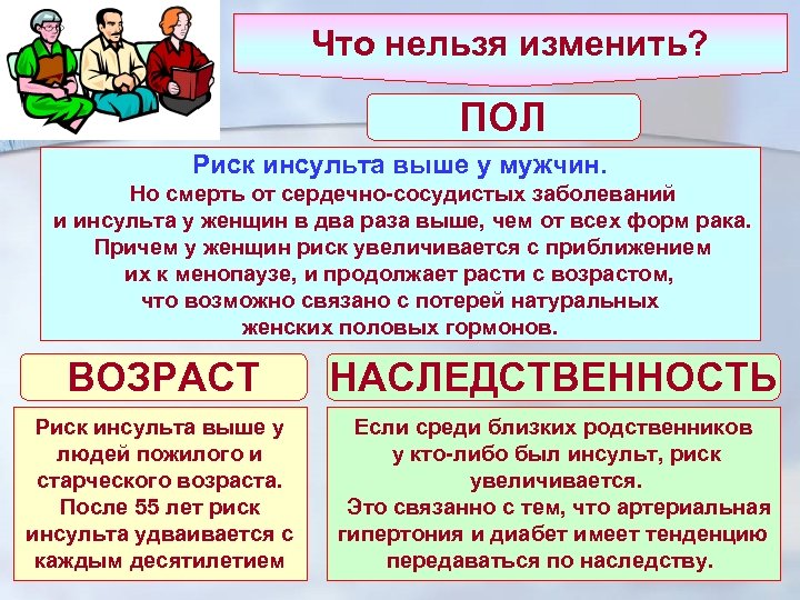 Что нельзя изменить? ПОЛ Риск инсульта выше у мужчин. Но смерть от сердечно-сосудистых заболеваний