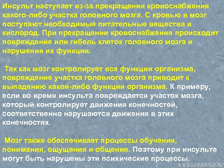 Инсульт наступает из-за прекращения кровоснабжения какого-либо участка головного мозга. С кровью в мозг поступают