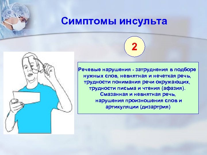 Симптомы инсульта 2 Речевые нарушения - затруднения в подборе нужных слов, невнятная и нечеткая