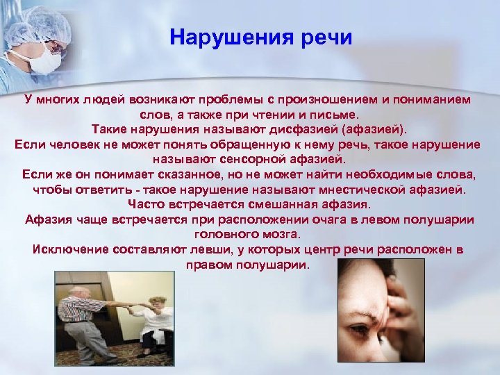Нарушения речи У многих людей возникают проблемы с произношением и пониманием слов, а также