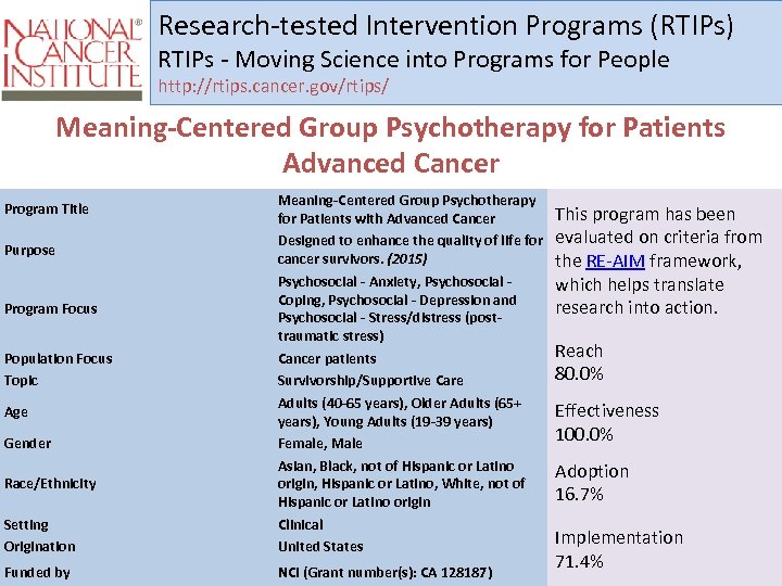 Research-tested Intervention Programs (RTIPs) RTIPs - Moving Science into Programs for People http: //rtips.