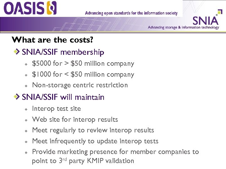What are the costs? SNIA/SSIF membership $5000 for > $50 million company $1000 for