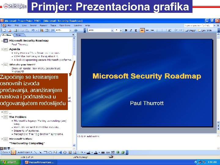 Primjer: Prezentaciona grafika Započinje se kreiranjem osnovnih izvoda predavanja, aranžiranjem naslova i podnaslova u