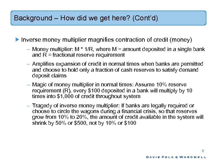 Background – How did we get here? (Cont’d) Inverse money multiplier magnifies contraction of