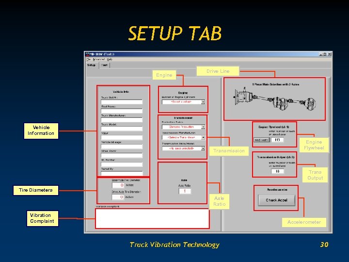 SETUP TAB Engine Drive Line Vehicle Information Transmission Engine Flywheel Trans Output Tire Diameters